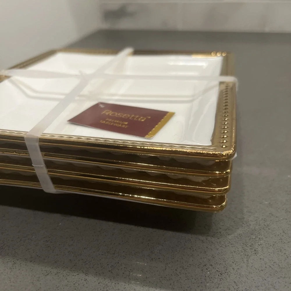 NEW ROSETTA set a four Square tidbit plates white with gold trim